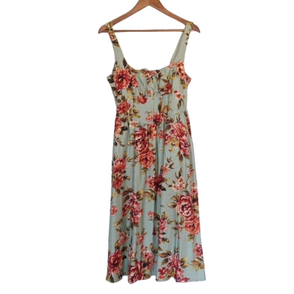 Jessica Simpson Romantic Rose Floral Smocked Midi Sage Green Sundress Size Large